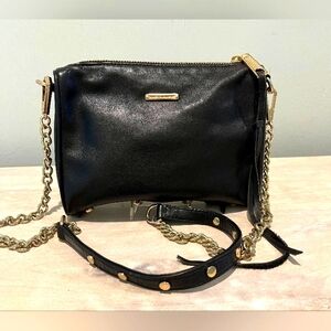 Rebecca Minkoff Triple Zipper Black Leather Crossbody Excellent Used Con…